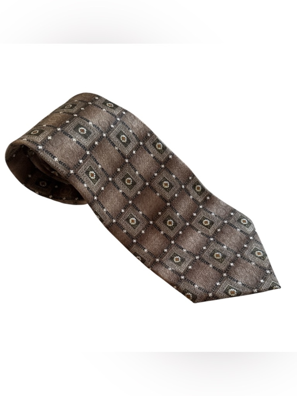 Pierre Cardin‎ Silk Tie Brown Geometric Daisy Medallion Necktie Classic Designer